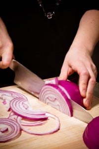 Slice your red onion by cutting it in half first & then julienne it