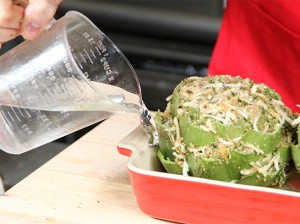 pour water into baking dish