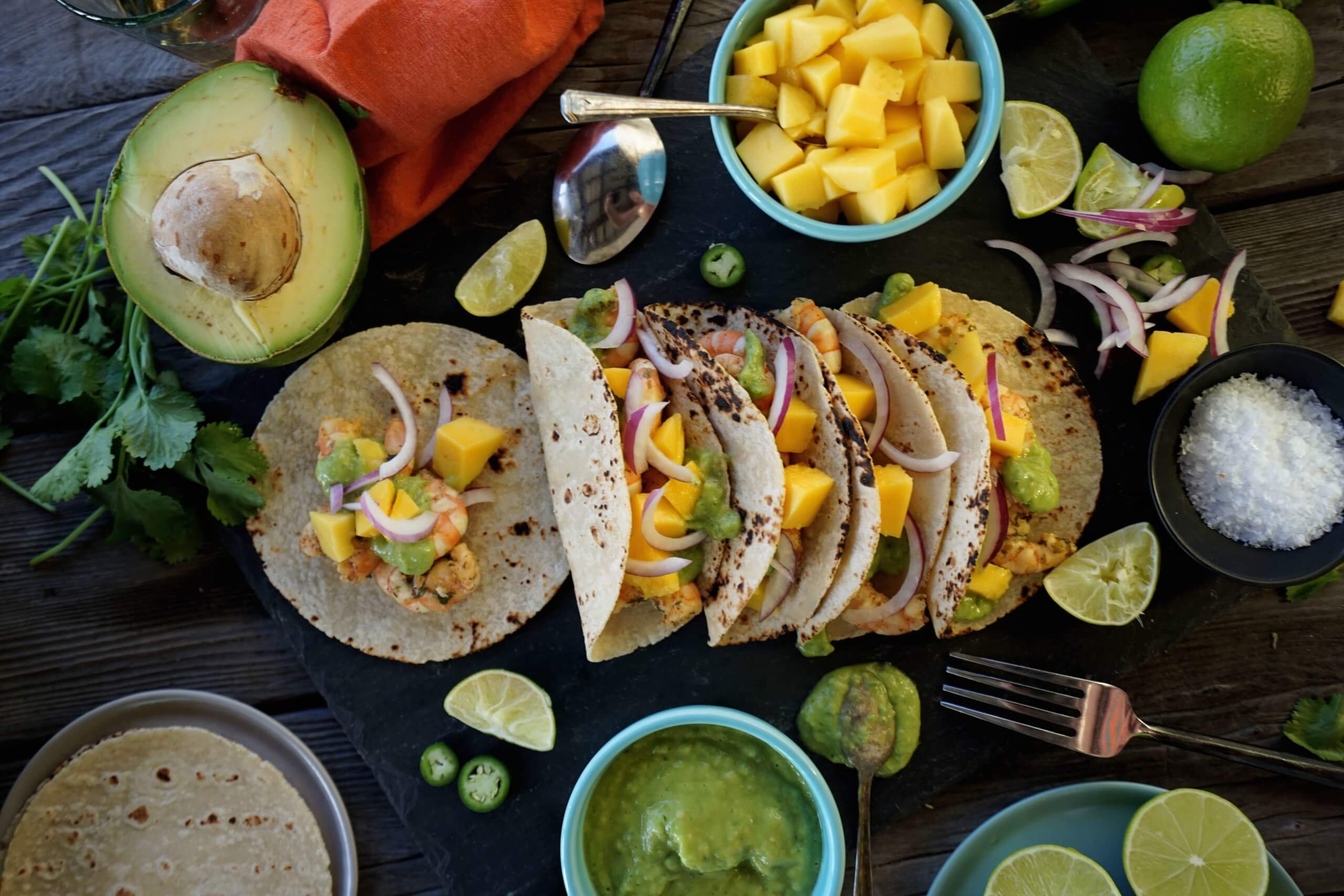 Shrimp Tacos with Tropical Avocado Salsa Verde