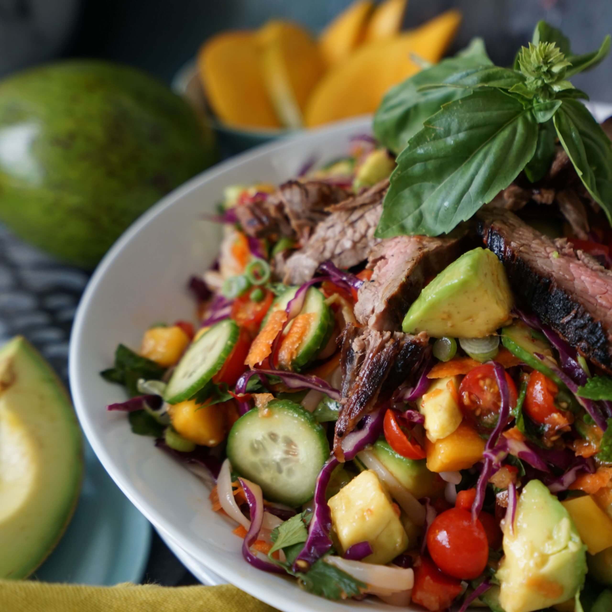 Thai Steak Noodle Salad with Tropical Avocado and Mango