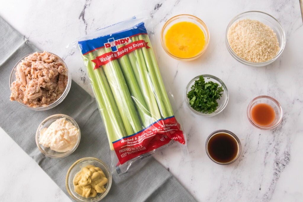 overhead shot of all the crab cake ingredients