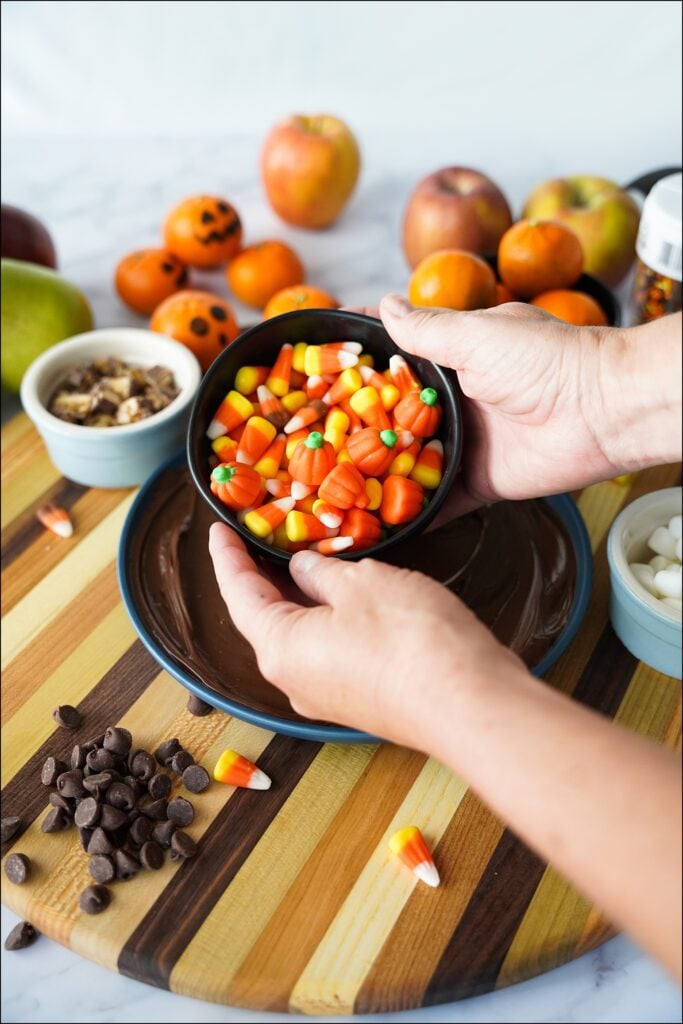 Candy corn over hazelnut spread on platter