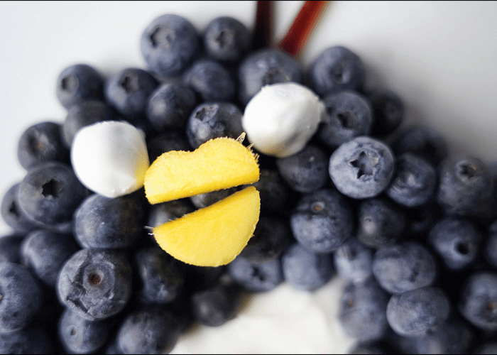 close of blueberries with white yogurt and mango as beak