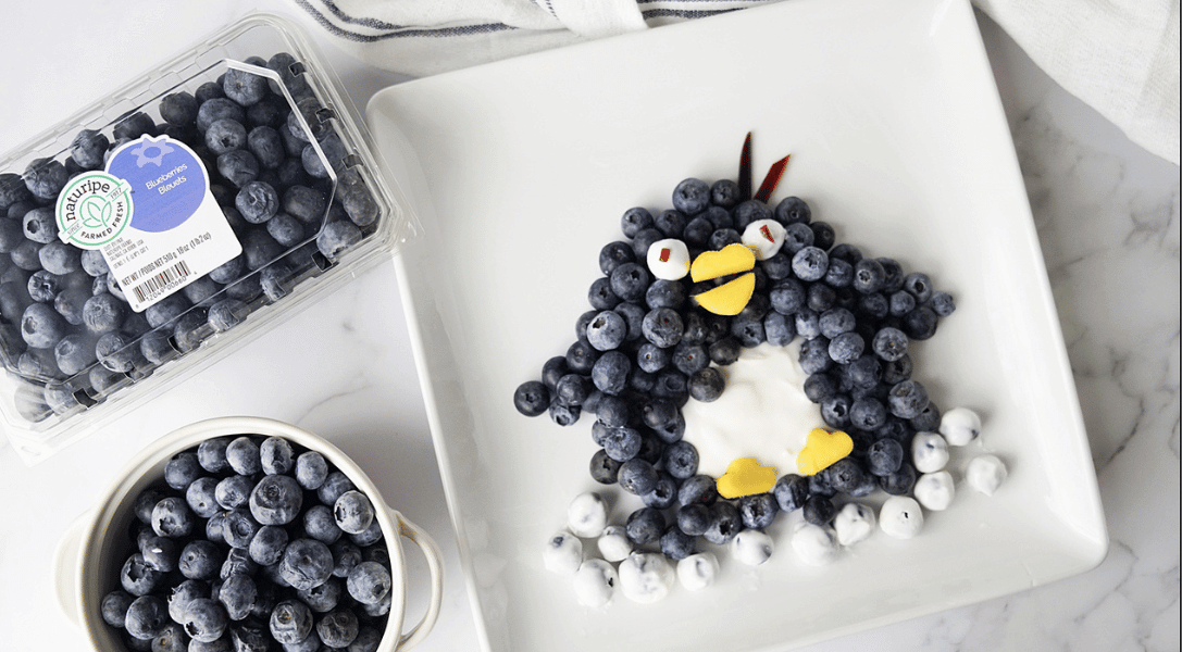 Penguin made from blueberries with blueberries in a cup and in a Naturipe package