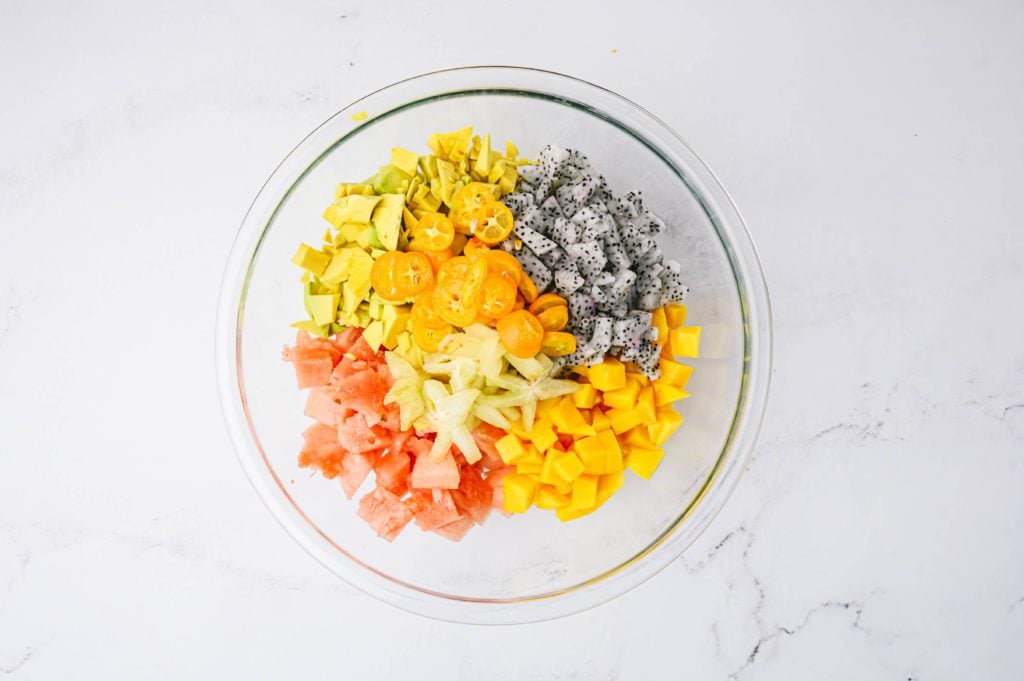 tropical fruit in glass bowl