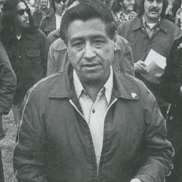 b/w image of Cesar Chavez