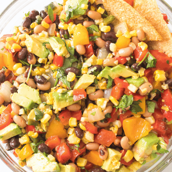 overhead view of Grilled Cowboy Caviar in glass bowl