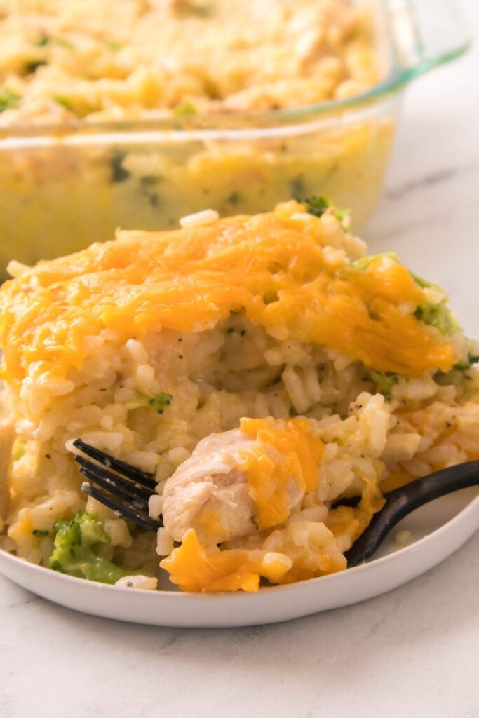 close up of Chicken Broccoli Rice Casserole on plate