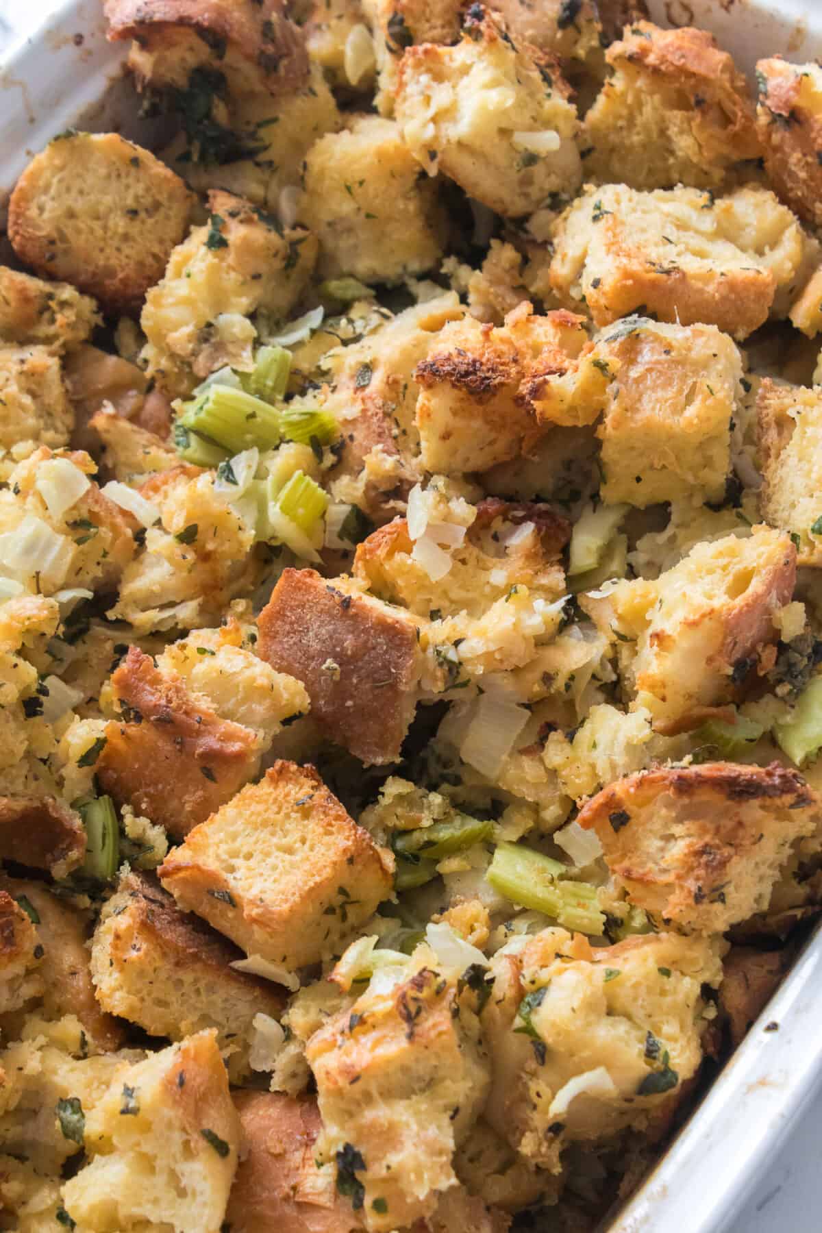 vertical up close shot of homemade stuffing recipe 