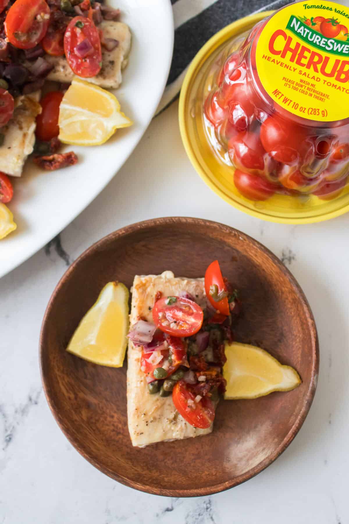 overhead shot of Mediterranean Fish with olive tapenade