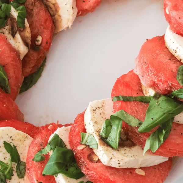 Close up of the Watermelon Caprese Salad