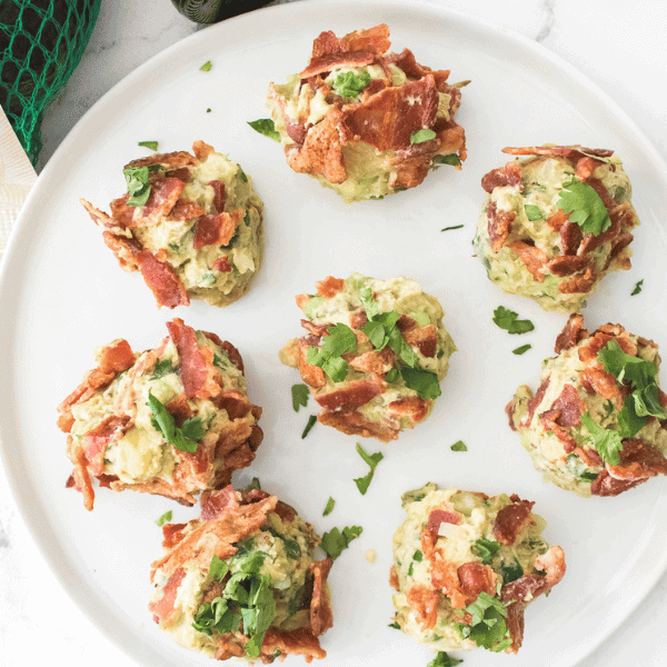 Bacon Guacamole Fat Bombs on white plate