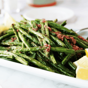 Air Fryer Green Beans on white plate