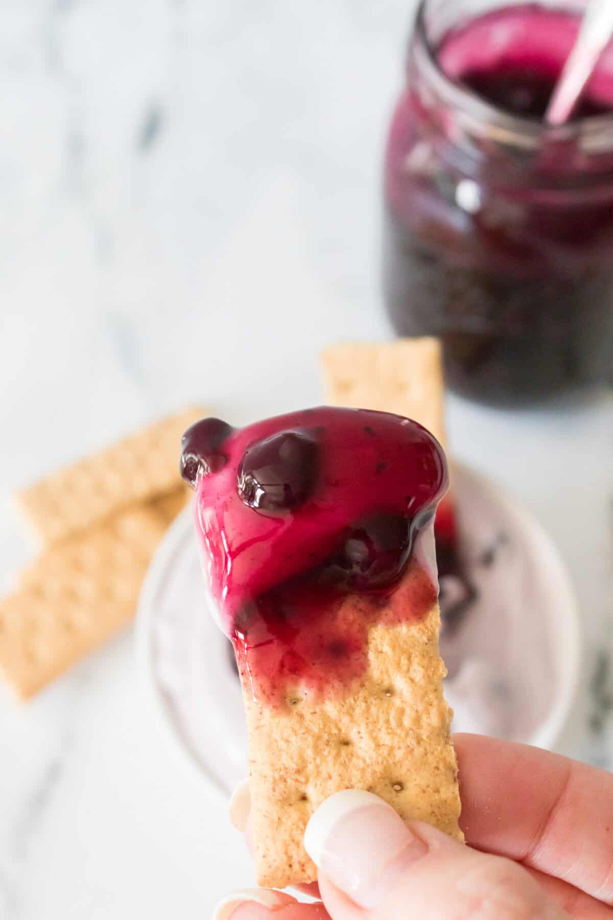 hand holding graham cracker dipped in blueberry cheesecake dip with blueberry pie filling on top