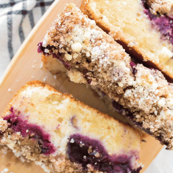 3 slices of blueberry crumb cake bread