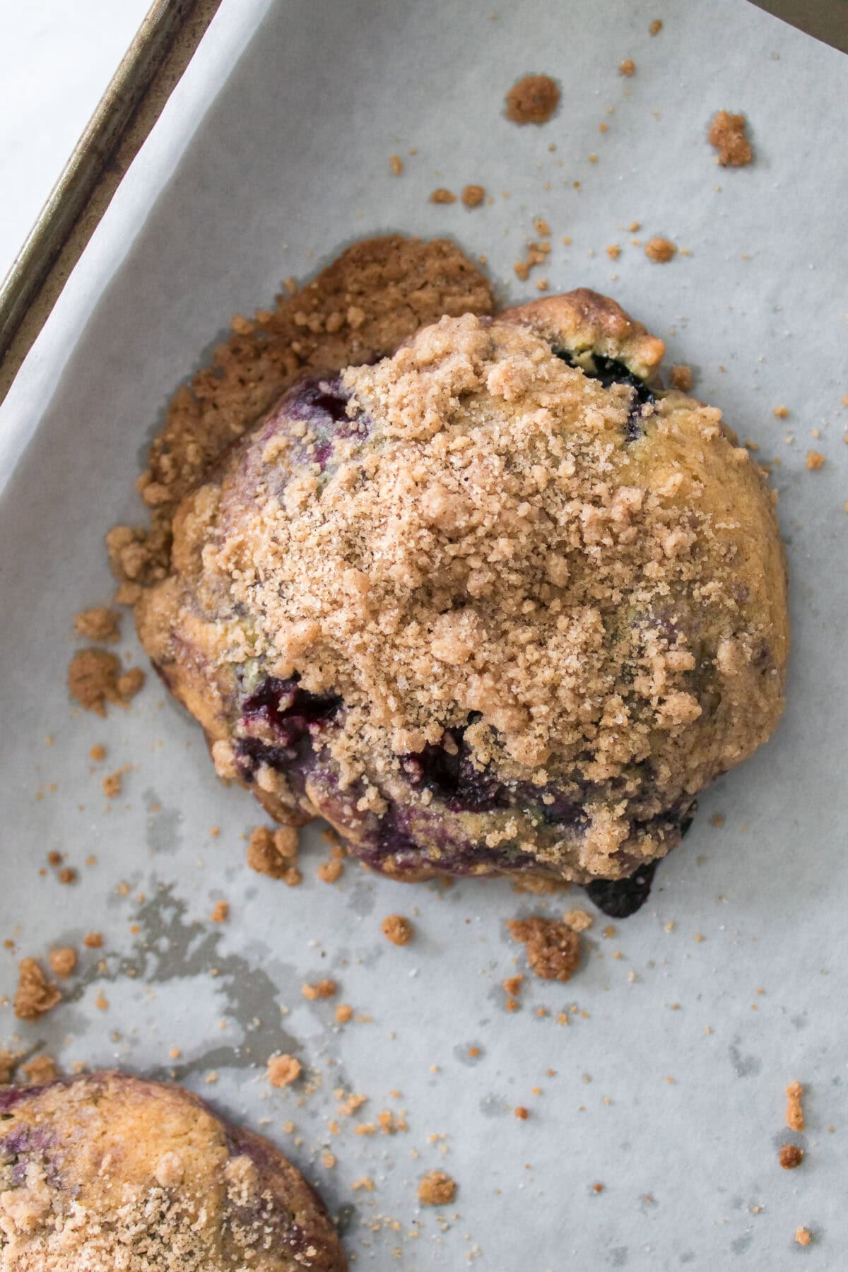 close up shot of Homemade Copycat Crumbl Blueberry Muffin Cookies on baking sheet after being baked