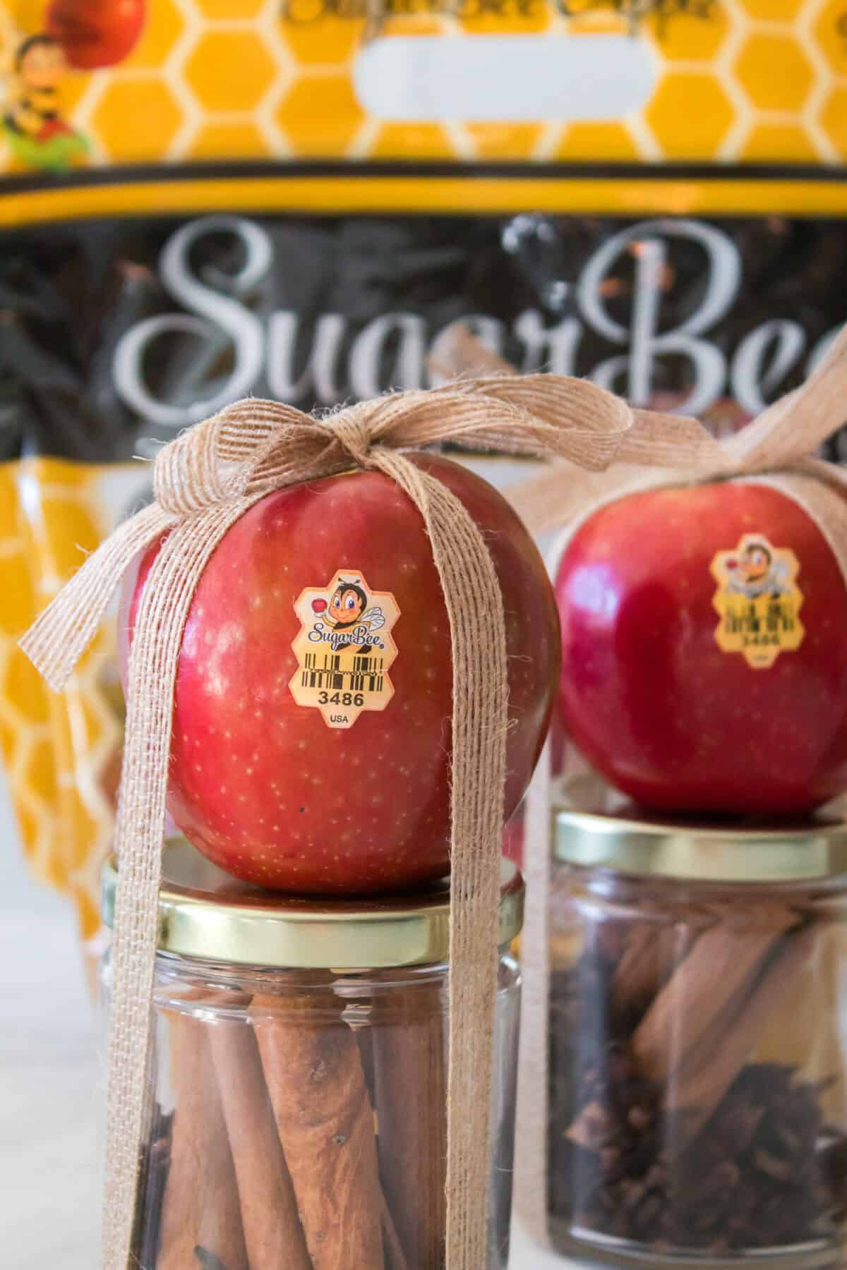 vertical close up shot of sugar bee apple on top of mason jar tied with jute ribbon