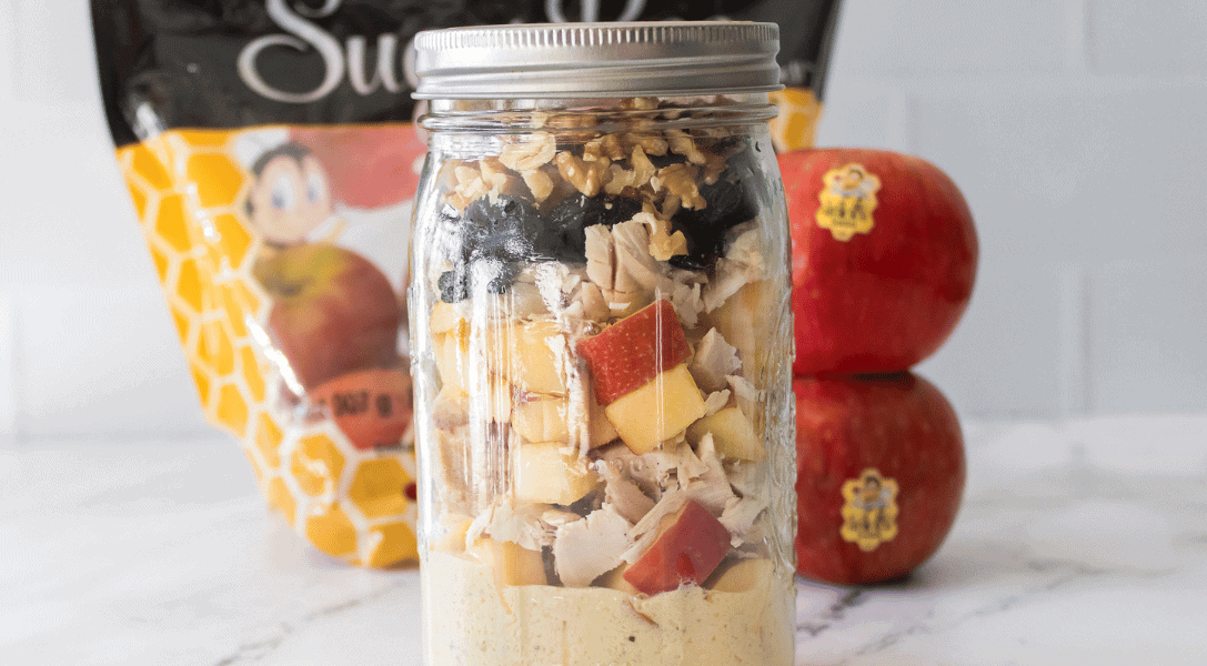 Apple Chicken Salad Mason Jar in front of SugarBee® bag