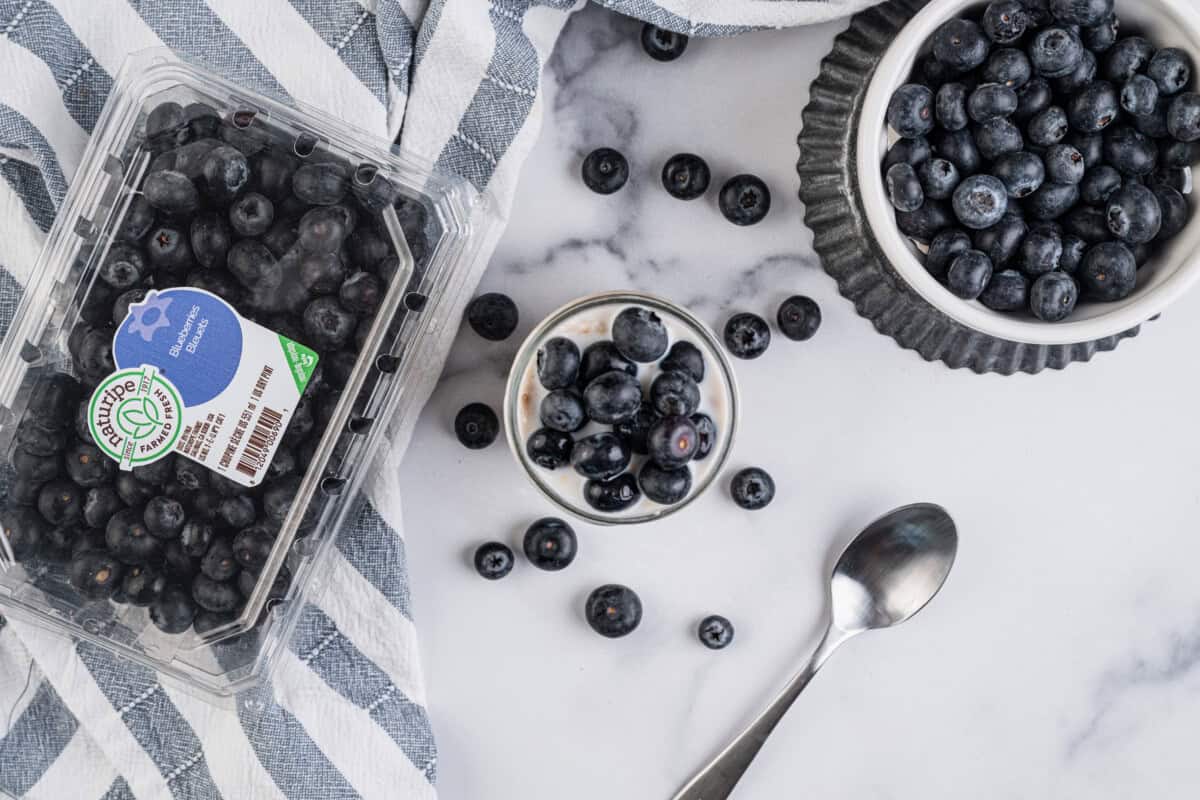 Naturipe blueberries on top of overnight oats.