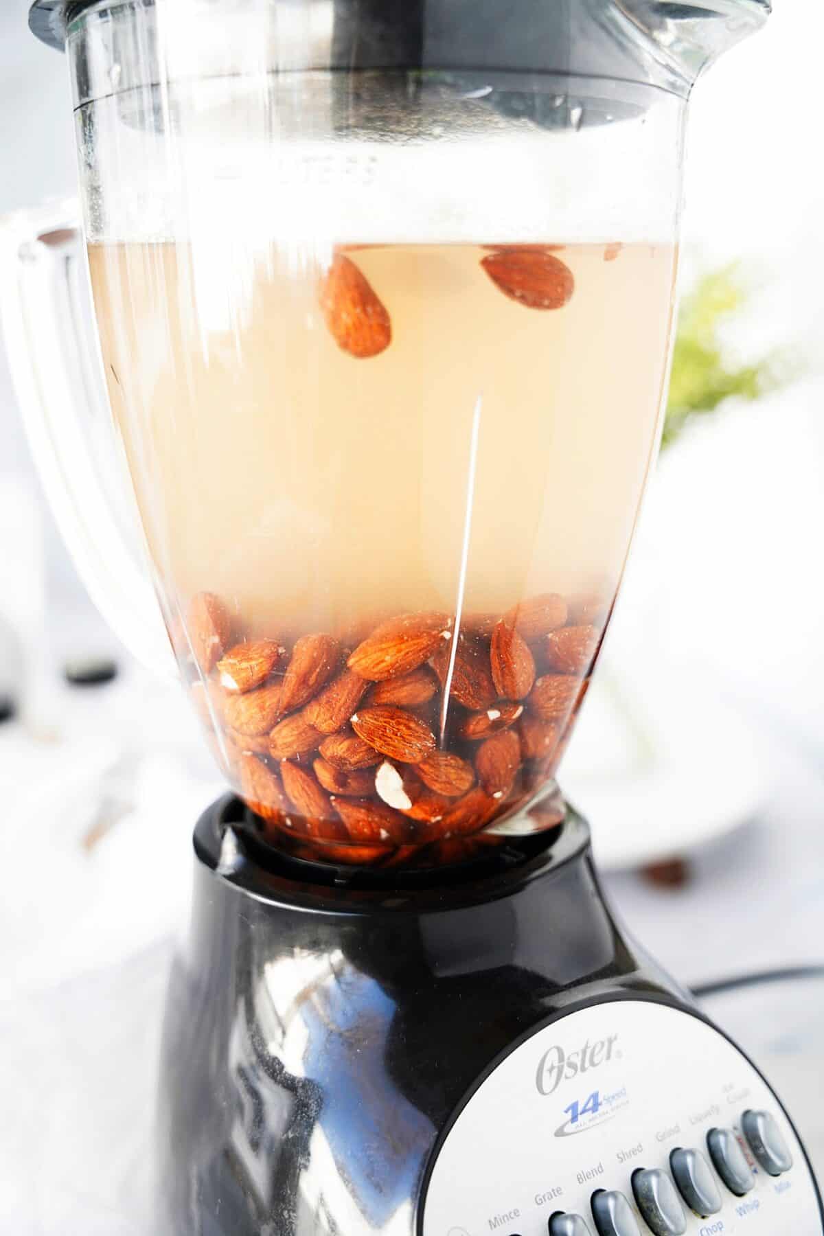 blender with almonds and filtered water