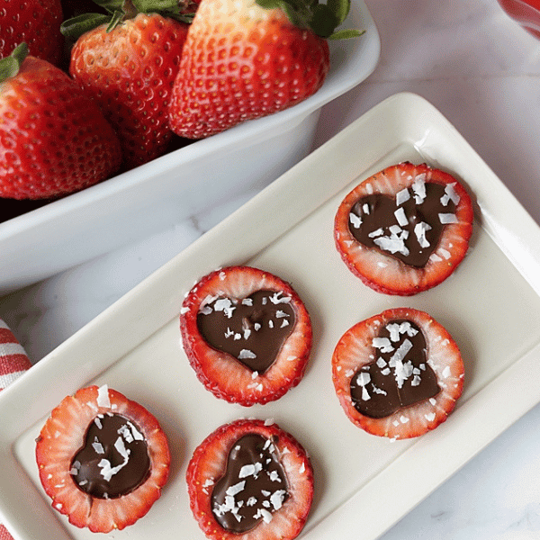 Heart Shaped Chocolate Strawberry Bites on white plate